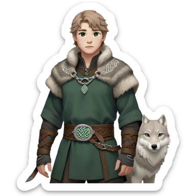 Medieval winter outfit worn by a DnD themed fantasy male character. Heavy charcoal wool tunic with arctic wolf fur lining, adorned with intricate iron clasps and a thick leather belt with celtic knotwork. Clothes only above the waist, full waist coverage. The character has no arms. Character is white-skinned with light brown hair, gray-green eyes, and short wavy hair dusted with winter's touch. sticker