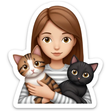 tan brown-haired girl holding two cats, one black cat and one grey-striped cat sticker