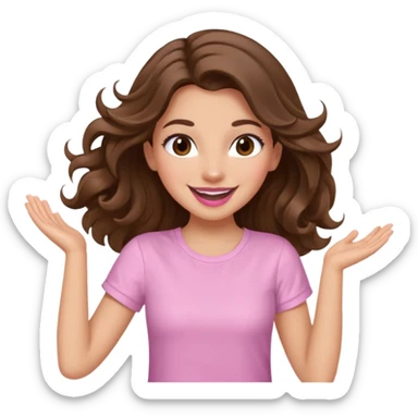 girl with wavy long brown hair, brown eyes, light to medium complexion, long lashes, light pink lipstick, smiling, wearing light pink shirt, dancing sticker