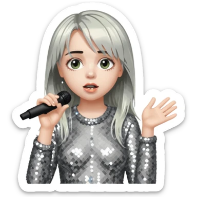 billie eilish is singing, holding mirco and twinkle dresss sticker