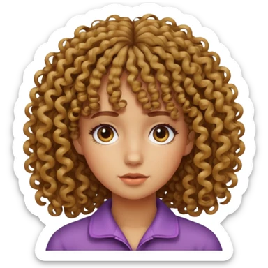 Fais un emoji d une fille avec les cheveux bouclés et une frange bouclés tordu mal faite la fille doit etre un peu mate de peau sticker