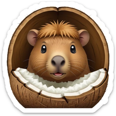A cute capybara peeking out from inside a cracked open coconut shell sticker