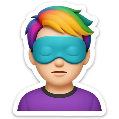 Apple emoji style man with a sleep eye mask fully covering his eyes, colorful hair, no pillow, no background sticker