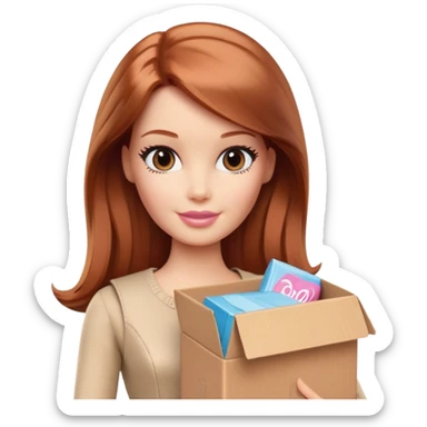 Barbie, shoulder-length reddish-brown hair, holds a package box, Barbie is wearing beige and brown colored clothes sticker