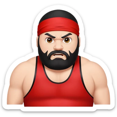 White skin fat guy with prominent black durag, black beard, black eyes in a red and black wrestling singlet with angry face sticker