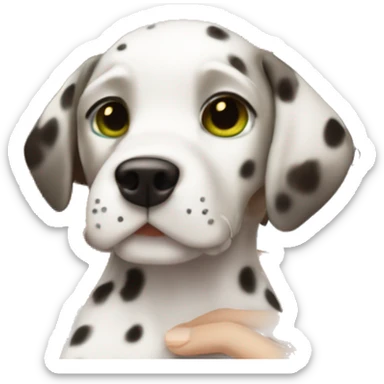 Full face of White Girl with dark brown curly hair and green eyes is holding Dalmatian puppy sticker