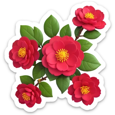 Detailed camellia japonica (tsubaki) flower with rich red formal double form petals, yellow stamens and shiny evergreen leaves sticker