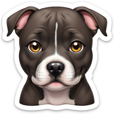 Cinematic Cute Black/Brindle Staffordshire Bull Terrier Portrait Emoji, Head tilted playfully and inquisitively, featuring a glossy Fur with a dynamic mix of black and brindle, round, sparkling dark eyes filled with curiosity, Simplified yet irresistibly adorable features, highly detailed, glowing with a warm, friendly glow, high shine, affectionate and spirited, stylized with a touch of whimsy, bright and endearing, soft glowing outline, capturing the essence of a mischievous yet loving pup, so playful it feels like it could bound out of the screen and into your arms! sticker