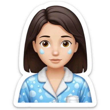 Mujer lavando su cara, tiene el pelo cafe oscuro y tez blanca, aun tiene pijama sticker