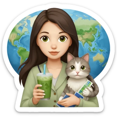 a brunette woman with long hair in here 30S drinking an iced matcha, carrying a grey cat and a map of the world sticker
