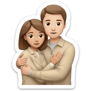 A white man with brown hair in pale beige clothes supports and hugs a woman in pale beige clothes sticker