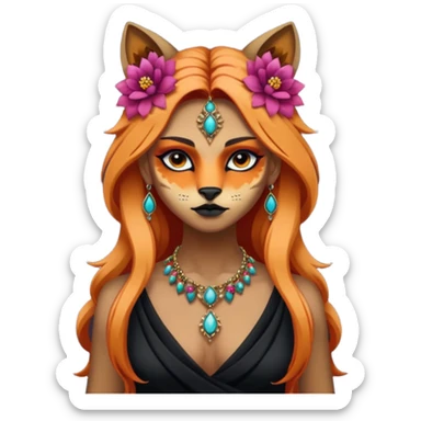 Multicolored gloomy moonshine dark edgy spooky hot warm badass realistic floral exotic Falvie-Fionbri-animal, full body, wearing jewelries sticker