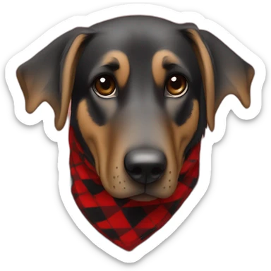 75% Coonhound 25% German Shepherd mix dog wearing small pointed red buffalo plaid bandana side view full body facing left sticker