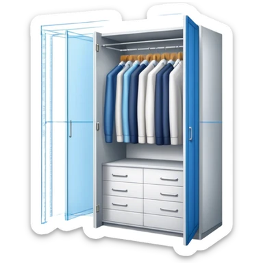 Professional emoji for Furniture Design: a close-up of a 3D wardrobe on top of a blueprint, with a measuring tape beside it. The icon should represent the detailed design and measurement process in furniture design. Transparent background. sticker