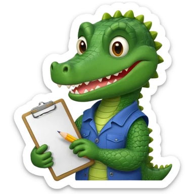 A cartoon gator with a clipboard and a pencil against a white background sticker