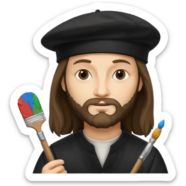Leonardo da Vinci wear black beret hat, hold a brush sticker