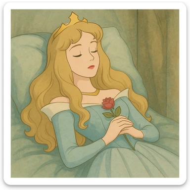 Sleeping Beauty as a dreamy princess, classic fairytale style, soft colors, elegant dress, gentle expression sticker
