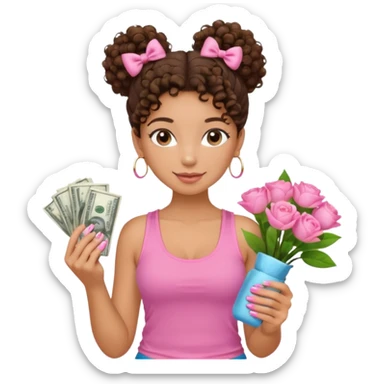 Uma menina com o cabelo cacheado com um Coque com baby hair, morena, e com uma regata rosa com um gloss na frente da regata ,com unha em gel,e com dinheiro na mão ,e com flores na outra mão,  sticker