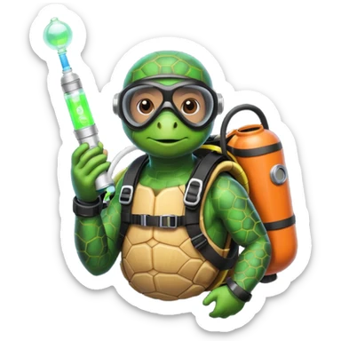A calm sea turtle diver with mini oxygen tank, descending with a glow-stick in hand.

 sticker