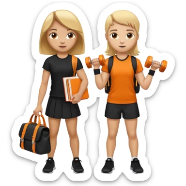 light skin students girl and boy with school bag full of books on hand and dumbell in other hand. Clothes are in black and orange colours. They are going to the gym. They have brown and blonde hair. Dumbell is visible in hand. They are teaching about sport sticker