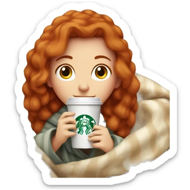 Redhead girl in cozy blanket drinking Starbucks sticker