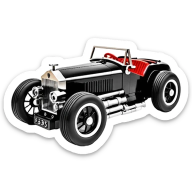 Wednesday Adam’s Blood stained Lego Satanic Darth Vader black Bare bones (channeled cowl) drag racing and speed record modified (fenders removed) chopped streamlined sporty roadster that is a (stripped down) hot street rodded engine sports car 1952 Rolls Royce Woody futuristic  wide racing wheels sticker