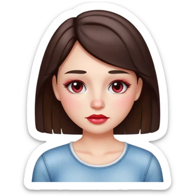“Emoji brunette girl white top, dewy skin, heavy blush across cheeks and nose bridge, glossy cherry lips, soft eyeliner, teary sparkling eyes like hanni from new jeans sticker