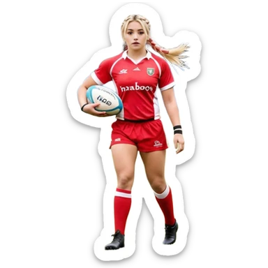 Chica de pelo rubio tirada en el suelo boca abajo agarrando un balón DE RUGBY con las manos vestida con una equipación de color rojo y blanco con líneas, manchada de barro y con unas botas de tacos de fútbol, con un bucal en la boca y el pelo con trenzas, se la tienen que ver las 2 piernas  sticker