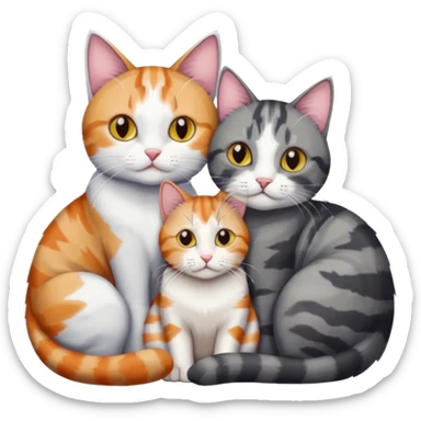 two cats in love, a colourful light patched calico + white tabby cat cuddling a bigger cat that is dark grey and white tabby cat sticker