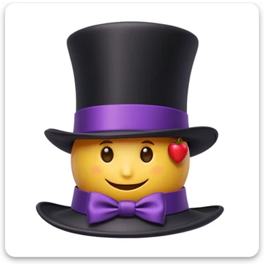 3D apple-style emoji of a tall vintage top hat, simplified shapes, cartoon-like look, glossy finish, soft shadows, white background, tall black hat with wide brim, purple and black checkered ribbon with a red stripe sticker