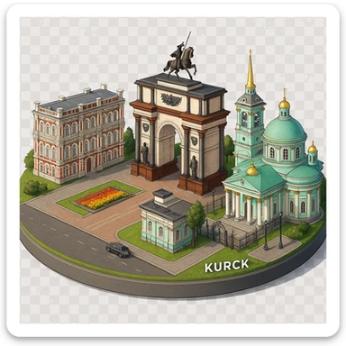 Изометричная, яркая, детализированная и фотореалистичная иллюстрация панорамы города Курска на круглой подставке, Знаменский собор, здание Дворянского собрания, Триумфальная арка в стиле 3D-коллажей городов, чёткие линии, слегка мультяшная стилистика, прозрачный фон, не обрезать края картинки sticker