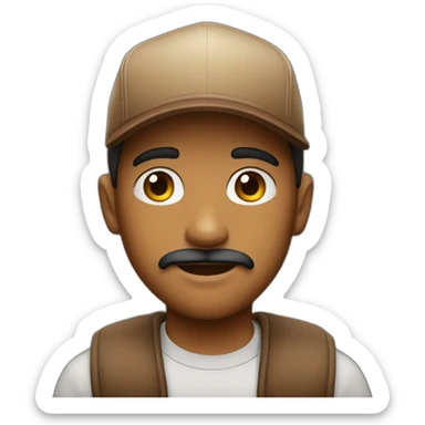 with young man with a tiny moustach and a brown trucker cap sticker