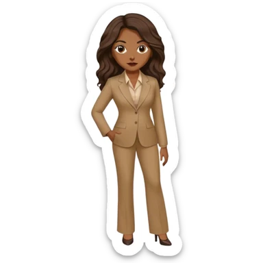 dark brown woman with medium brown long wavy hair with middle part and an executive tan pant suit  sticker
