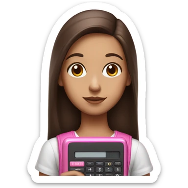 Hyper realistic girl with straight brown hair holding a pink calculator sticker