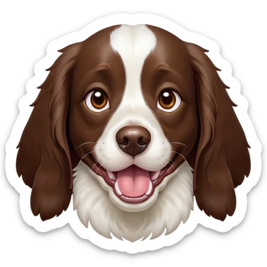 Cinematic Comical Springer Spaniel Portrait Emoji, Head tilted dramatically with an exaggeratedly amused expression, featuring a striking liver and white Fur with dynamic patterns, wide, expressive brown eyes filled with playful disbelief, Simplified yet hilariously expressive features, highly detailed, glowing with a slightly sassy glow, high shine, dramatic yet playful, stylized with an air of cheeky mischief, bright and endearing, soft glowing outline, capturing the essence of a spirited and over-the-top companion, so meme-worthy it feels like it could side-eye its way into internet fame instantly! sticker