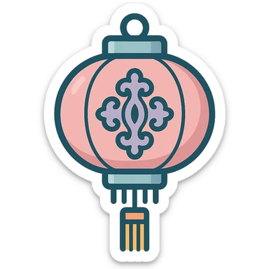 Chinese lantern with carved ornament and decorative fringe, not minimalist, no floral decor, detailed shadows and highlights, thin clean contours, soft rounded shapes, pastel palette #98B5BC, #B5B3C1, #C9A3C9, #E4C0CA, #F7DCD1, #F7C0AA, modern Japanese pop-art and sticker aesthetics, high detail, vector sharpness, soft lighting, transparent background sticker