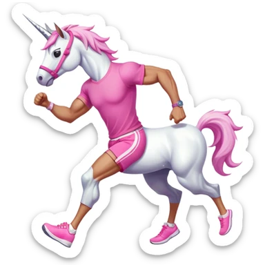full body friendly anthropomorphised masculine unicorn with white horse-like face, muscular build, wearing pink t-shirt, shorts, trainers, dark sunglasses, running sticker