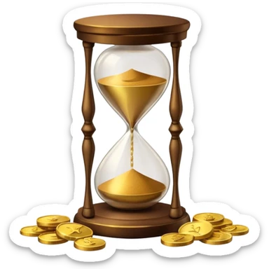 Realistic 3D render of a stack of shiny gold coins with brown hourglass beside it. The hourglass has transparent glass with dark golden-brown sand flowing inside and warm brown top and base. Soft lighting, clean white background, smooth shadows, high detail, symbolizing time and wealth. sticker