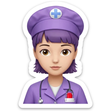 A young female slim nurse with short Brown hair with fringe over her forehead, wearing larvendar purple working cloth, without nurse cap sticker