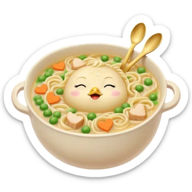 pastel toned ceramic bowl beige yellow chicken noodle soup visible noodles chicken carrots peas bowl with cute relaxed face closed eyes rosy cheeks steam curls up hearts notes spoon inside glowing aura sparkles surround bowl comforting soupy vibe sticker