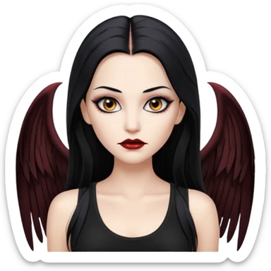 White woman with a white tank top long black hair glossy middle part straight long hair vampire look  brown eyes eyeliner winged with lashes top and bottom white border big lips black eyebrows sticker
