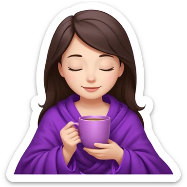 girl brunette inside a violet blanket sipping coffee from pink mug eyes closed sticker