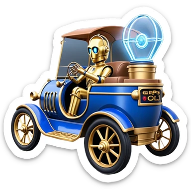  tarnished blue neon underglow C-3PO ghost buster 1927 delicately ornate rosegold wood barrel accents Model-T bucket Rolls efficiently powered by electric motors and batteries with racing safety belts while flying rapidly roughening terrain stable on strong agile advanced suspension and steering sticker