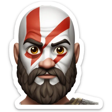 Do a front facing image of Kratos with one red stripe going down the right side of his face sticker