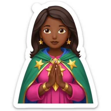 Mujer de piel morena, rostro sereno, manos juntas. Vestido rosa rojizo manto capa azul verdoso con muchas estrellas doradas pequeñas Resplandor como rayos de luz dorado alrededor del cuerpo. sticker