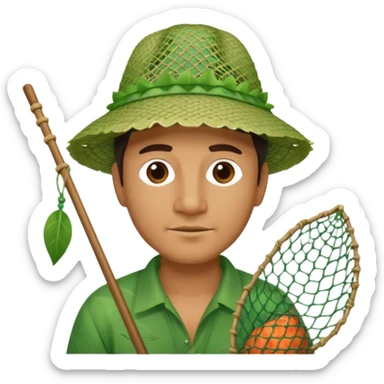 Hawaiian man with leaf hat green and fishing net sticker