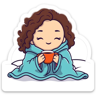 White girl with curly brunette hair inside a blanket sipping coffee with eyes closed, cozy winter morning sticker