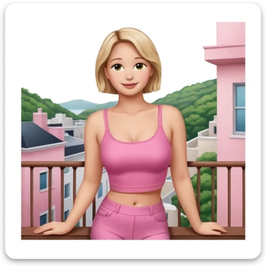 jennifer lawrence, pink crop top leaning on a balcony with a harbor and cityscape in the background, smiling sticker