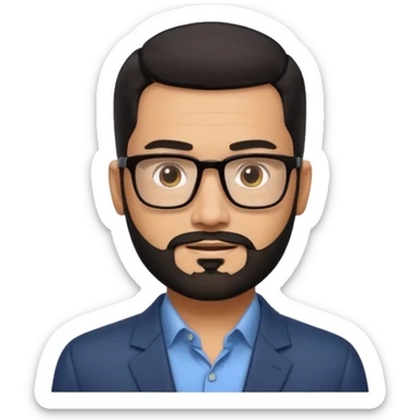 Attractive Hispanic TV host in his mid to late 40s with light brown skin, short straight black hair slicked back with fade on sides, square handsome face with strong jawline, friendly approachable expression, black beard, wearing glasses sticker