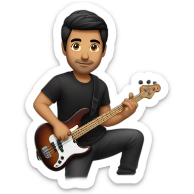 Punjabi, man, very strong, short black hair, wearing black shirt, playing electric bass sticker